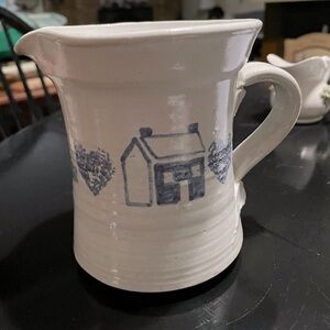 Reid salt glazed pottery pitcher - white w/blue design